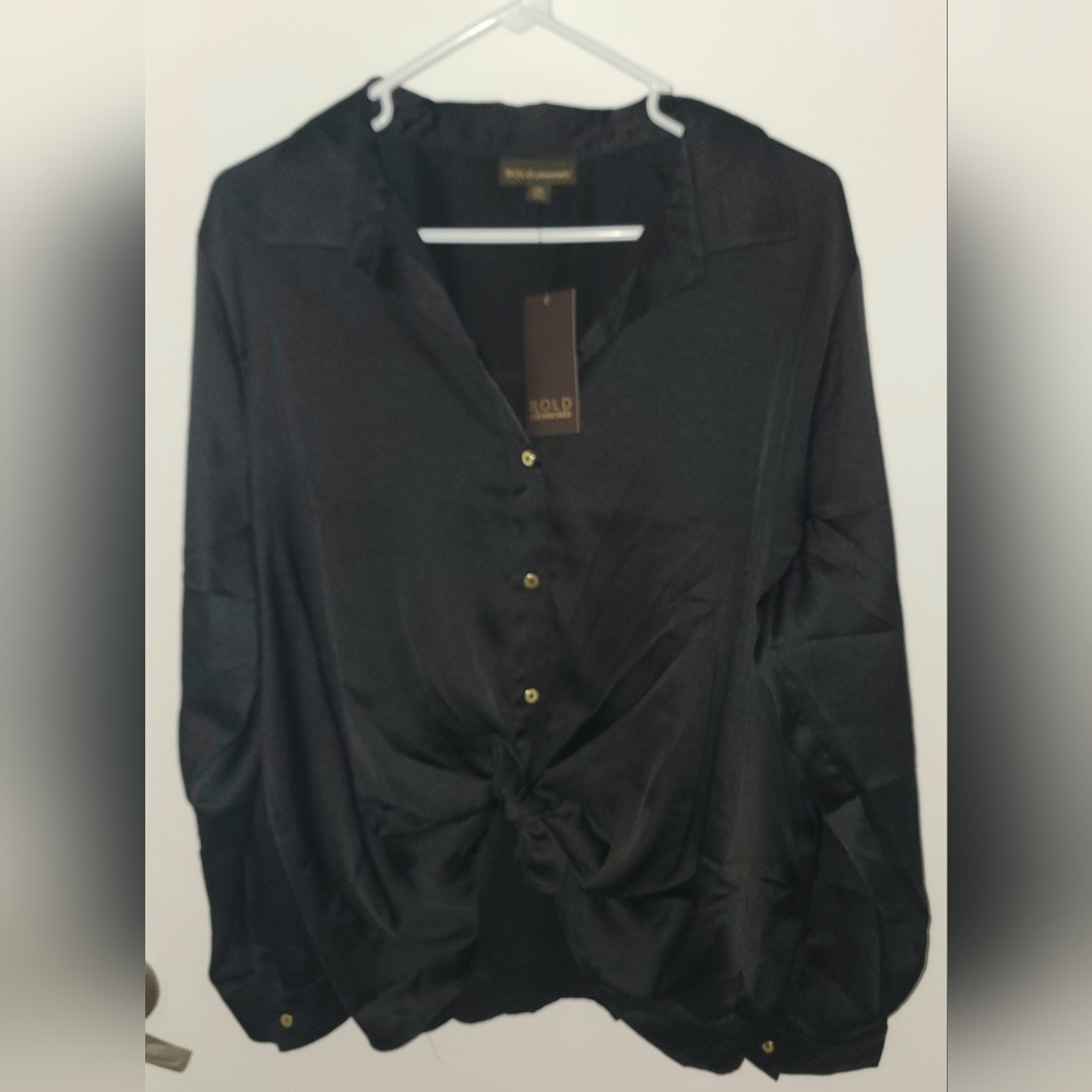 BOLD elements Black Satin Blouse With Knotted Front XXL MSRP $49